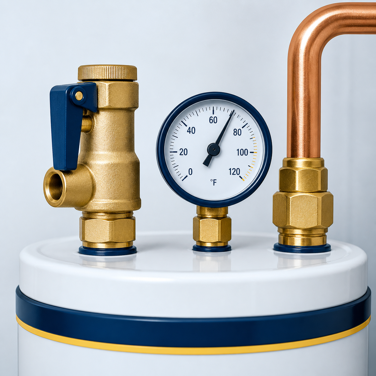 Water-heater safety valve and pressure gauge detail